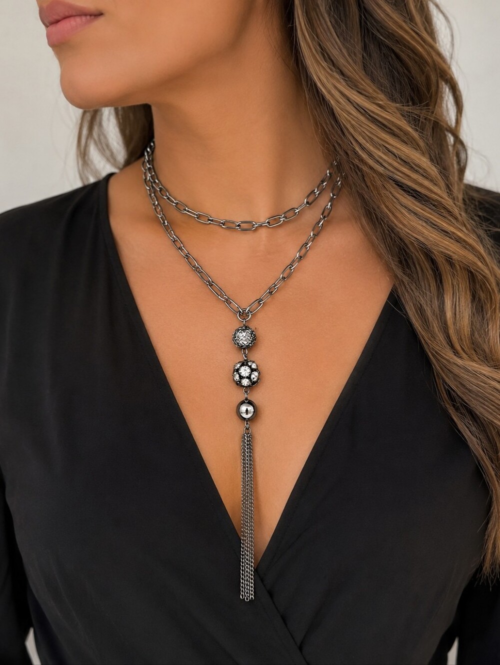 Vintage Link Gunmetal Silver Drop‎ Necklace
